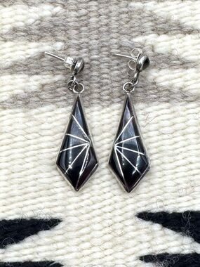 Signed Zuni Native American Sterling Silver Black Jet Inlay Dangle Earrings